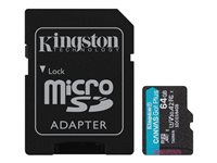 Kingston Canvas Go! Plus - Flash-minneskort (microSDXC till SD-adapter inkluderad) - 64 GB - A2 / Video Class V30 / UHS-I U3 / Class10 - mikroSDXC UHS-I SDCG3/64GB
